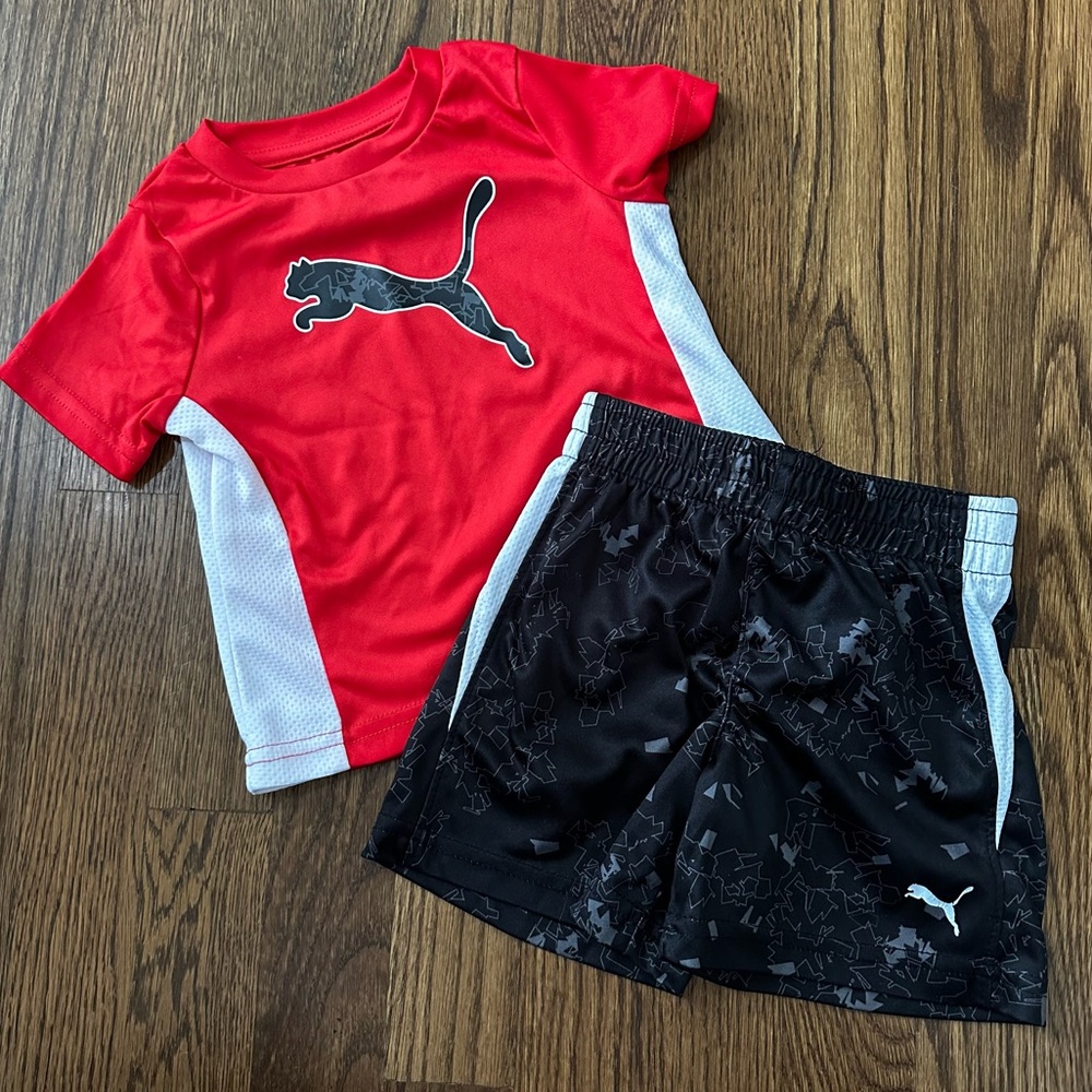 Puma black and red athletic shirt and shorts set, size 12M